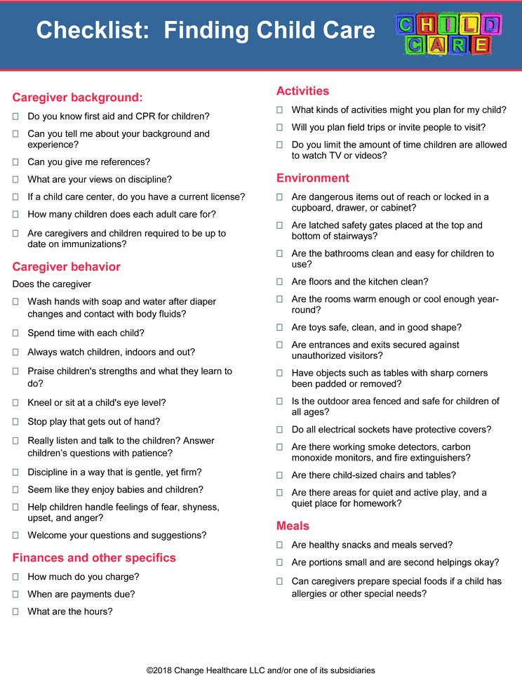 Finding Child Care: Checklist